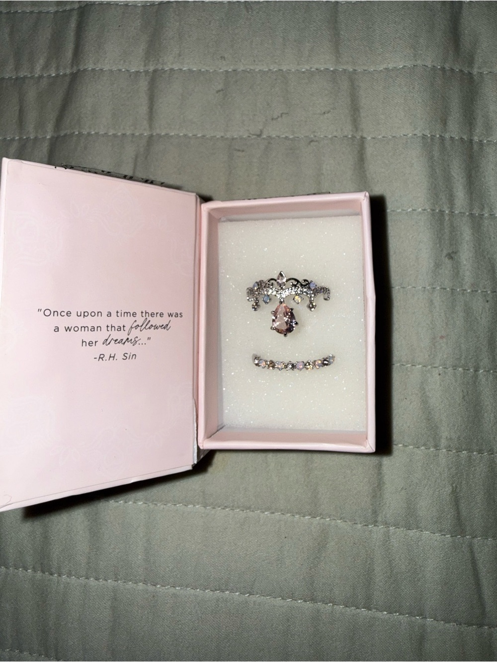 Silver-Tone Ring Set with Pink Crystal Teardrop